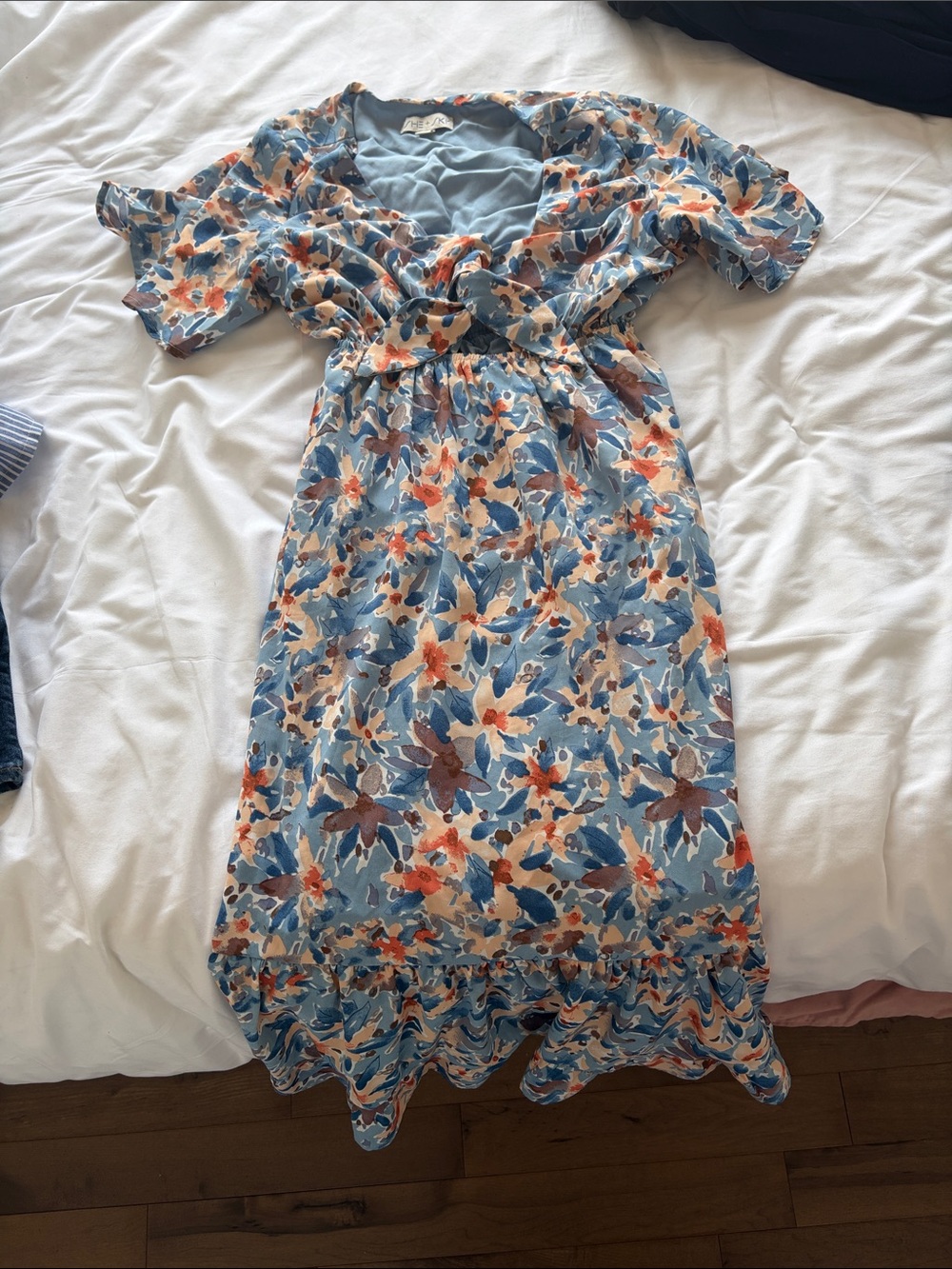Blue Floral Midi Dress with Ruffle Hem